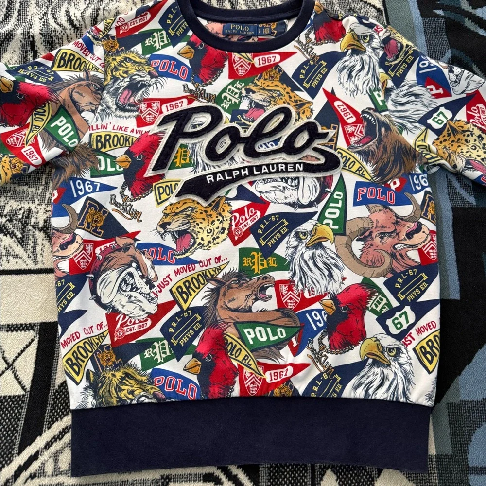Polo Ralph Lauren University Mascot Graphic Scripted Patchwork Crewneck Sweater